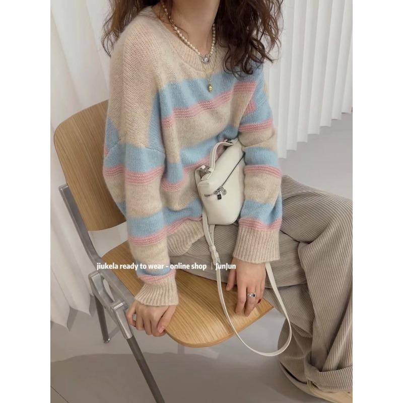 Autumn Winter Tops Sweaters for Women Loose Outer Wear Round Neck Color-blocked Retro Korean Style Versatile