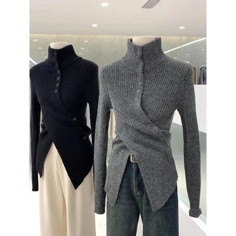 Grey turtleneck cotton wool knitted bottoming shirt women's autumn and winter irregular waist sweater with split top