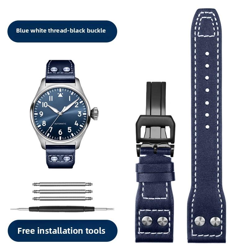 21 22mm Armband Retro Echtes Leder Nieten Armband Für IWC Big Pilot Spitfire Mark18 Vintage Braun Schwarz Blau Rindsleder Uhrenarmband