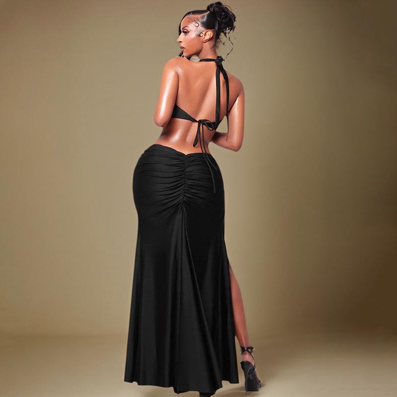 European & American Women's Spring Halter Sleeveless Deep V Backless Ribbon Long Dress