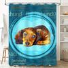 Adorable Dachshund Shower Curtain Blue Background With Red Furry Dog Design For Bathroom Decor Includes Hooks Custom Size Availa