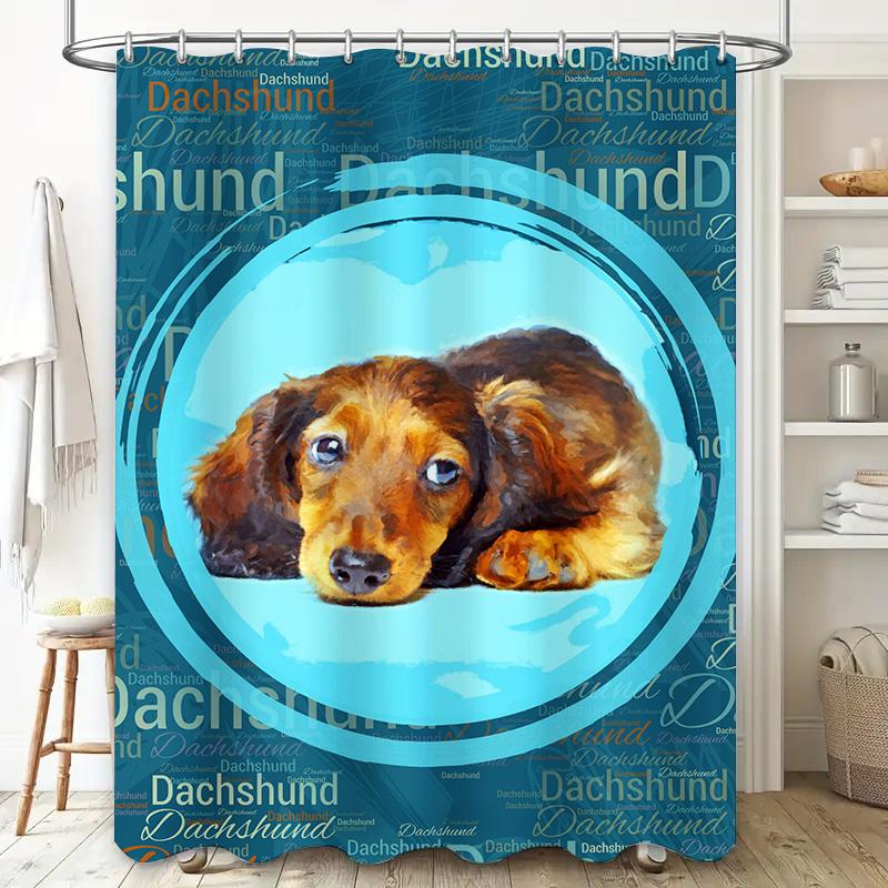 Adorable Dachshund Shower Curtain Blue Background With Red Furry Dog Design For Bathroom Decor Includes Hooks Custom Size Availa