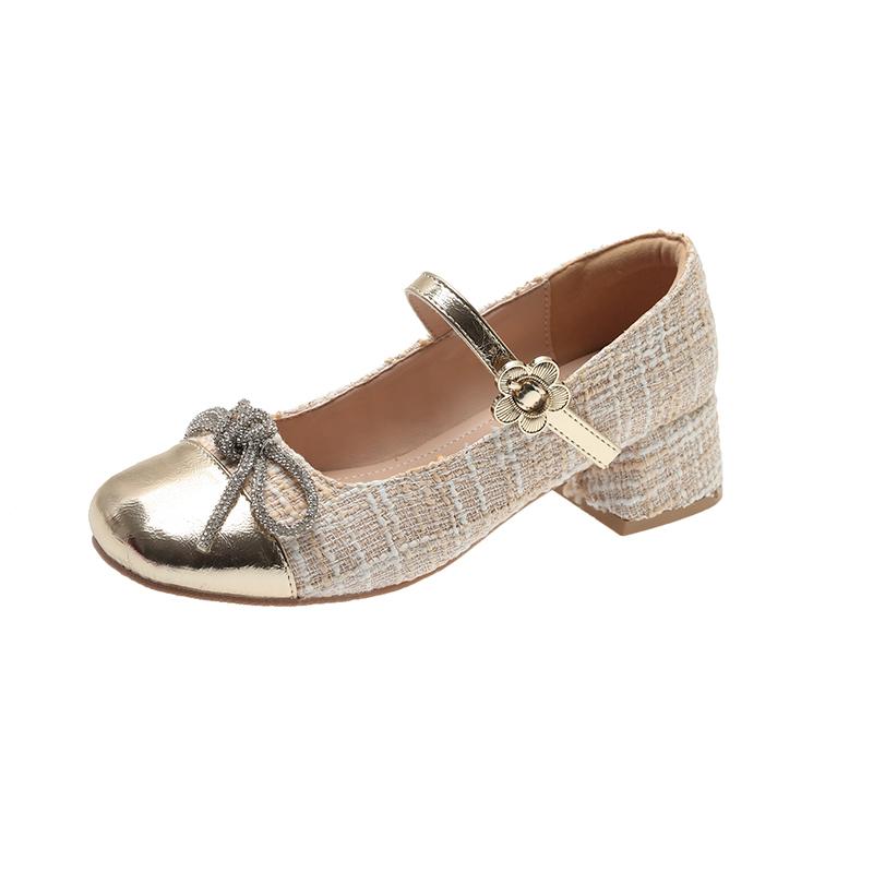 Retro Square Toe Chunky Heels Mary Jane Shoes 2024 Autumn New Color Matching Bow Chain Pumps Outdoor Dress Soft Ballet Shoes