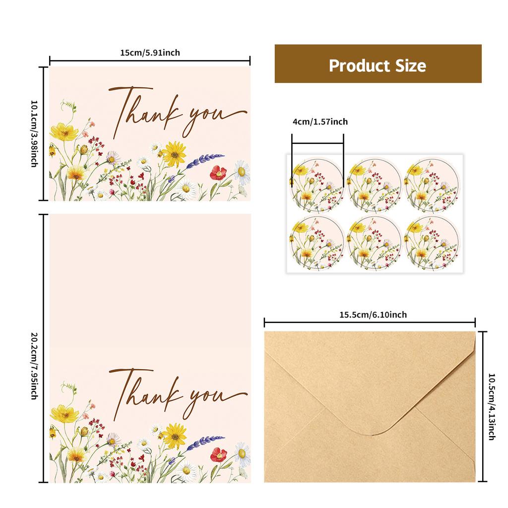6Pcs Bohemian Wildflower Thank You Cards | Blank Greeting Cards for Wedding, Birthday Party | with Envelope Sealing Stickers