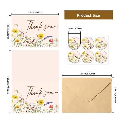 6Pcs Bohemian Wildflower Thank You Cards | Blank Greeting Cards for Wedding, Birthday Party | with Envelope Sealing Stickers