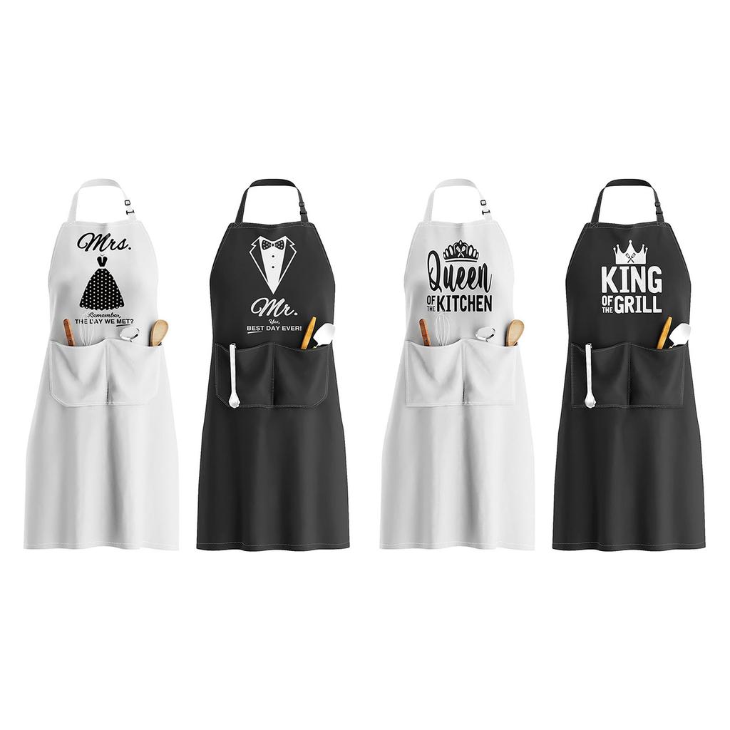 Practical Polyester Apron Adjustable Neckband Design with King Queen Mr Mrs Letter For Holiday Gift And Housewarming