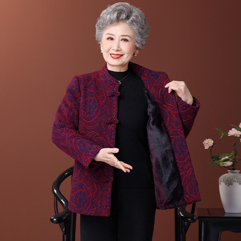 Elderly Women's Velvet Wool Coat: Thickened Winter Tang Suit