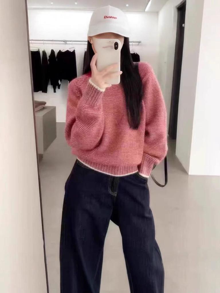 Korean Retro Striped Raglan Sleeve Knit Sweater - Women's Autumn/Winter Loose Slimming Round Neck Pullover