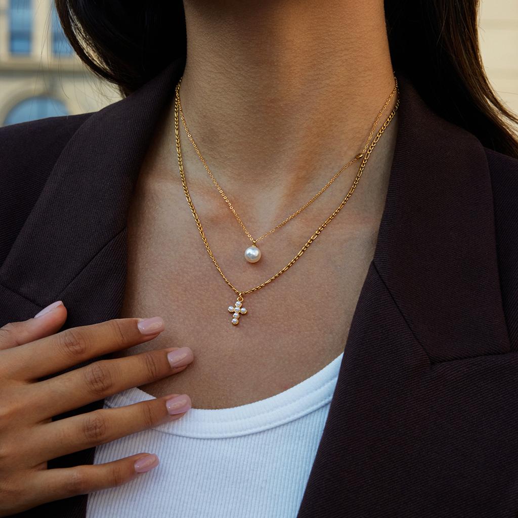 Yori Glass Pearl Geometric Pendant Necklace 18K Gold PVD Plated Popular Daily Classy Waterproof Jewelry Gift Accessory