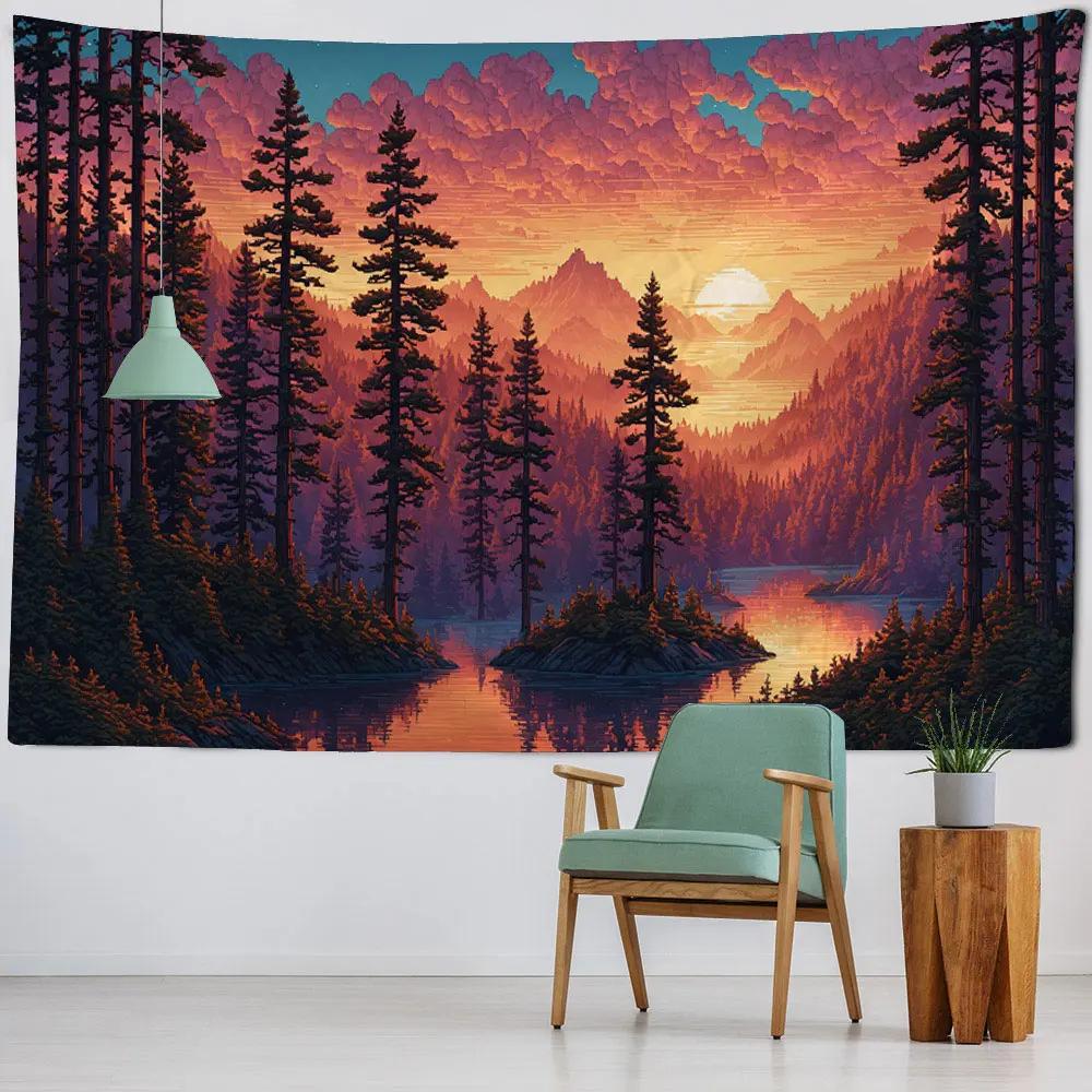 Colorful Landscape Illustration Tapestry Wall Art Decoration Dreamy Forest Mountain Bedroom Living Room Hippie Home Decoration