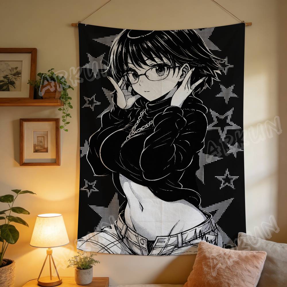 Cool Pretty Hot Edgy Monochrome Anime Girl Tapestry Wall Hanging, Black Style Anime Girl Tapestries, Fashion Vibe Dorm Decor