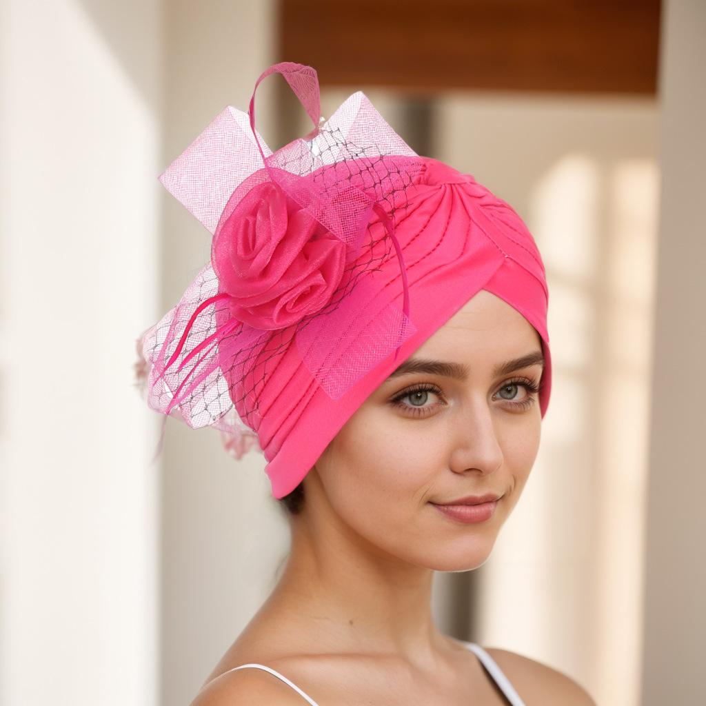 

Newly Big Lace Flower African Bandana Head Wrap Women Elastic Hair Loss Cap Turban Wedding Party Headwear Hair Accessories рожевий червоний колір