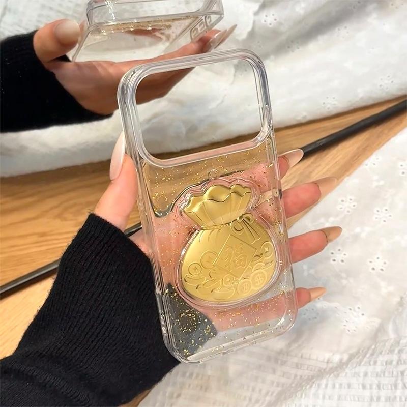 Gold Foil Three-dimensional Lucky Bag Mobile Phone Case New Year Model for IPhone16promax Transparent National Trend for Apple 17Air