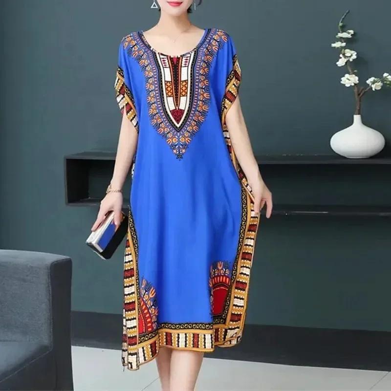 Bohemian National Style Leisure Holiday Beach Printed Poker Indonesia Floral O Neck Loose Midi Dress Pajamas Loungewear Woman