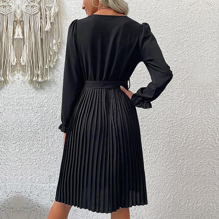 Black High Waist Pleated A Line Dress for Women V Neck Long Sleeve Lace Up Early Autumn Fashion