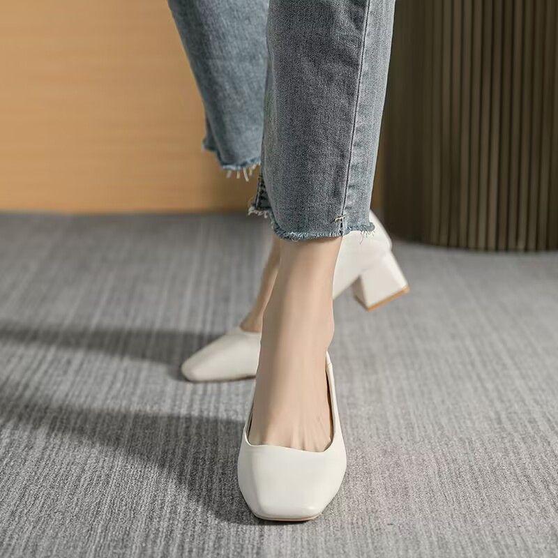 Calzado de Verano para Mujer Zapatos de Punta Cuadrada Para Mujer 2024 Con Tacones Medianos Blanco Oficina Social Elegante Clásico Moda Una Primavera Y2k