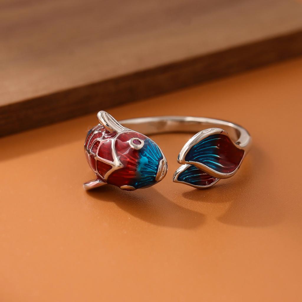 Creative Lucky Transfer Epoxy Blue Carp 925 Sterling Silver Jewelry Personality Colorful Fish Sweet Animal Opening Rings R318