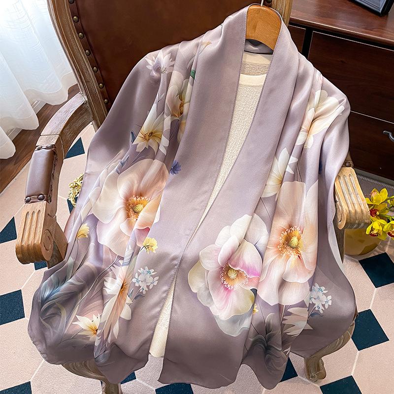 Luxury Brand 100% Real Silk Scarf Women Designer Shawls and Wraps Elegant Floral Print Pashmina Soft Long Scarves Femme Hijab