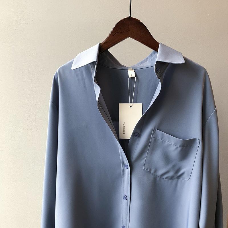 Women's Loose Gray-Blue Long-Sleeve Shirt - Niche Korean Hong Kong Style for Spring and Autumn