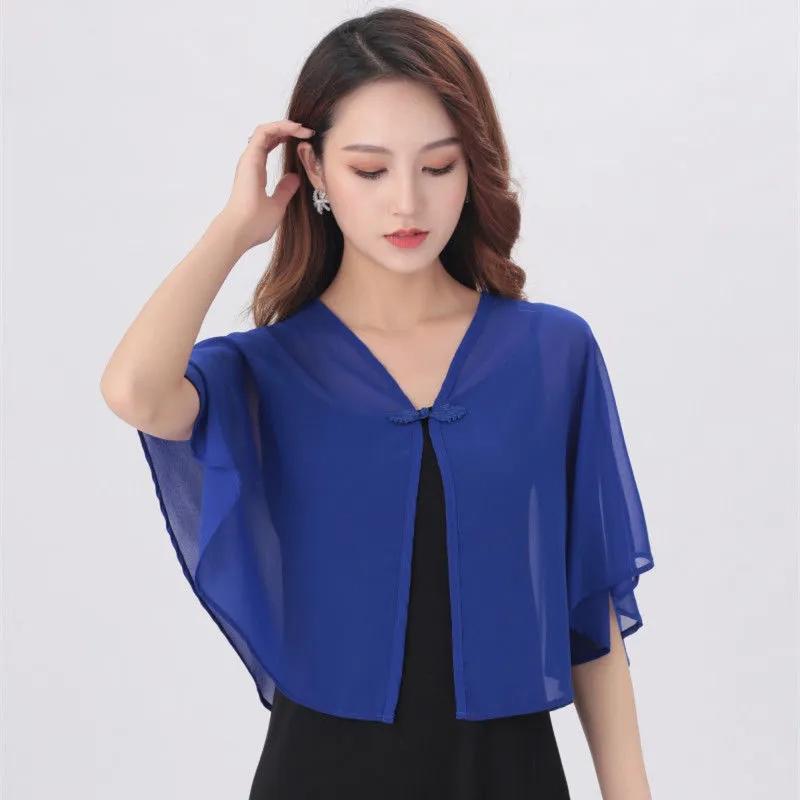 Women'S Summer Cloak Chiffon Scarf Waistcoat Loose Sunscreen Shawl Cheongsam Dress Button Blouse Shoulder Fake Collar Cape T90