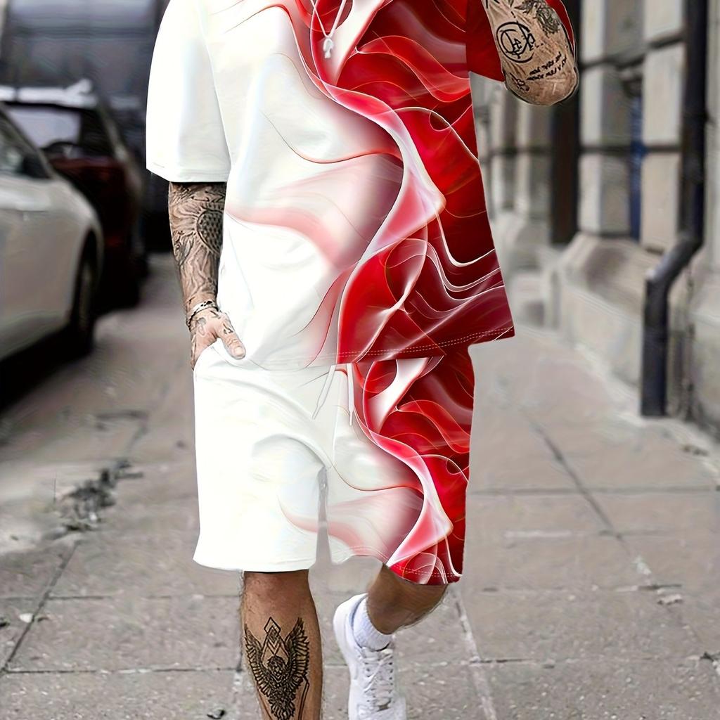 Men's Summer 3D Printing Casual Two-Piece Set | Red Colorful Flow-Dyed Short-Sleeved T-Shirt Suit