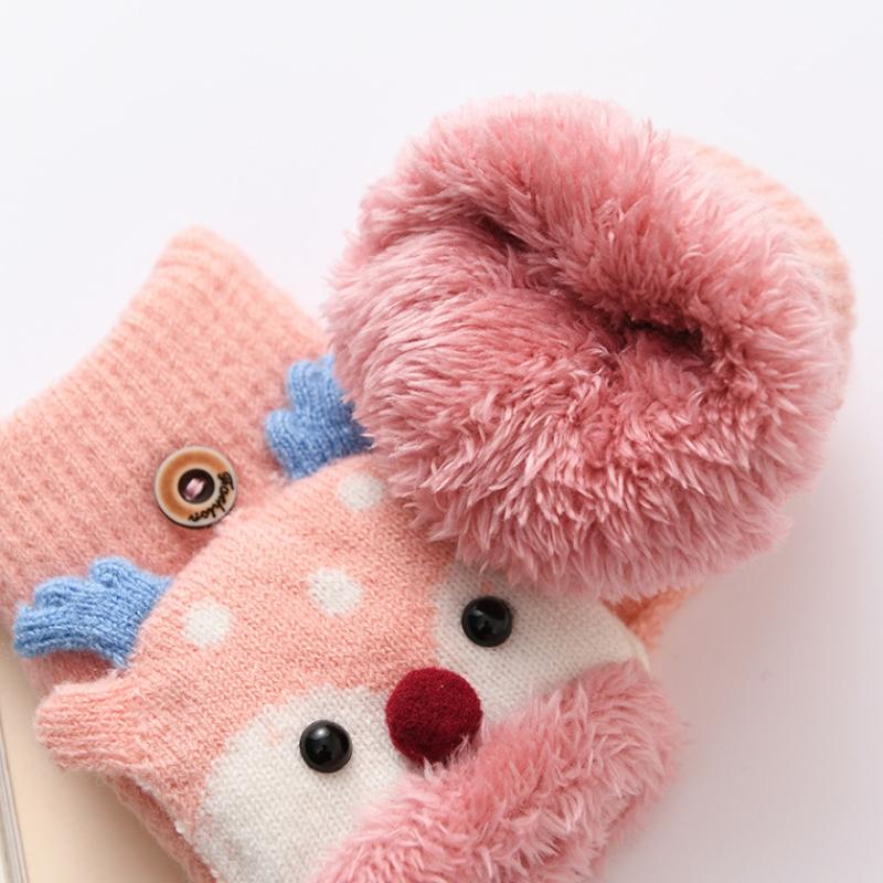 Winter Warm Mittens Cartoon Design Clamshell Half Finger Gloves Kids Fingerless Gloves Children Christmas Gloves Plush Gloves