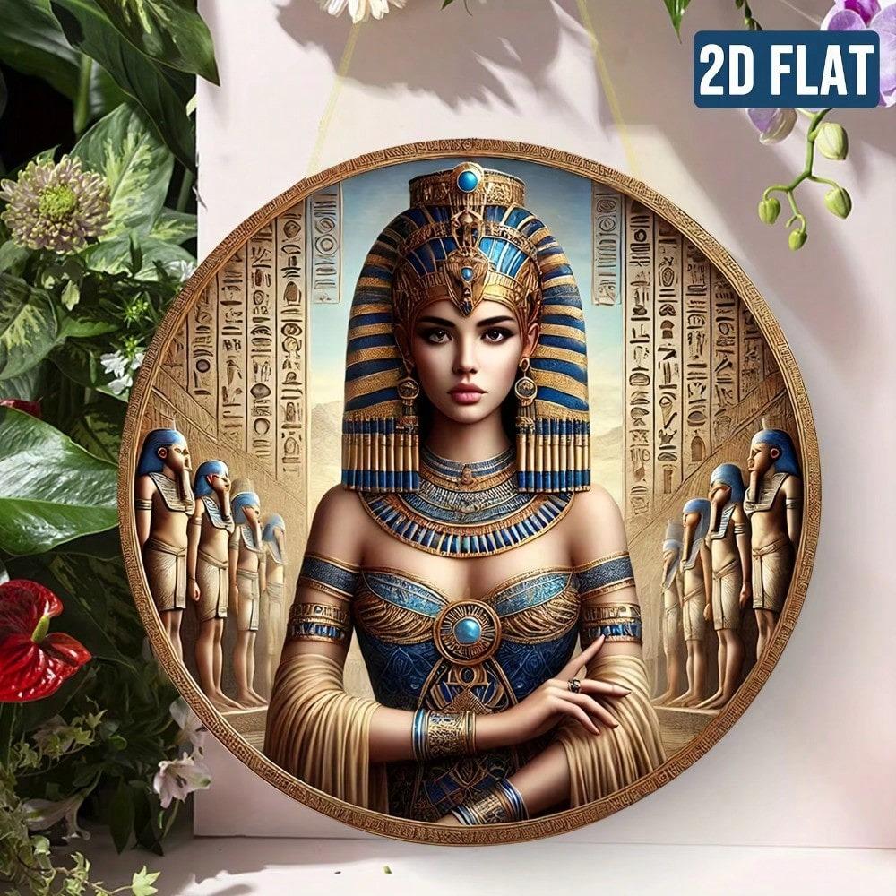 Vintage Ägyptische Königin Metall Wandkunst Rund 13 Zoll HD Gedrucktes Aluminiumschild Wasserdicht Retro Heimdekoration