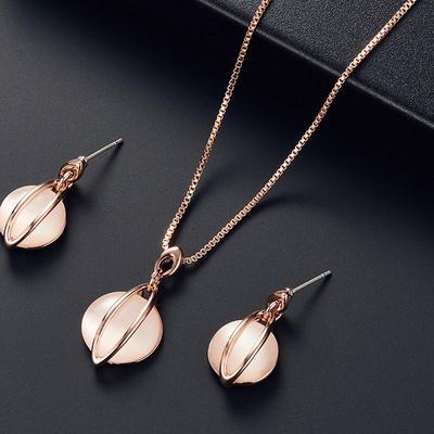 Minimalist Cat's Eye Stone Necklace & Earring Set - Oval European & American Bridal Jewelry