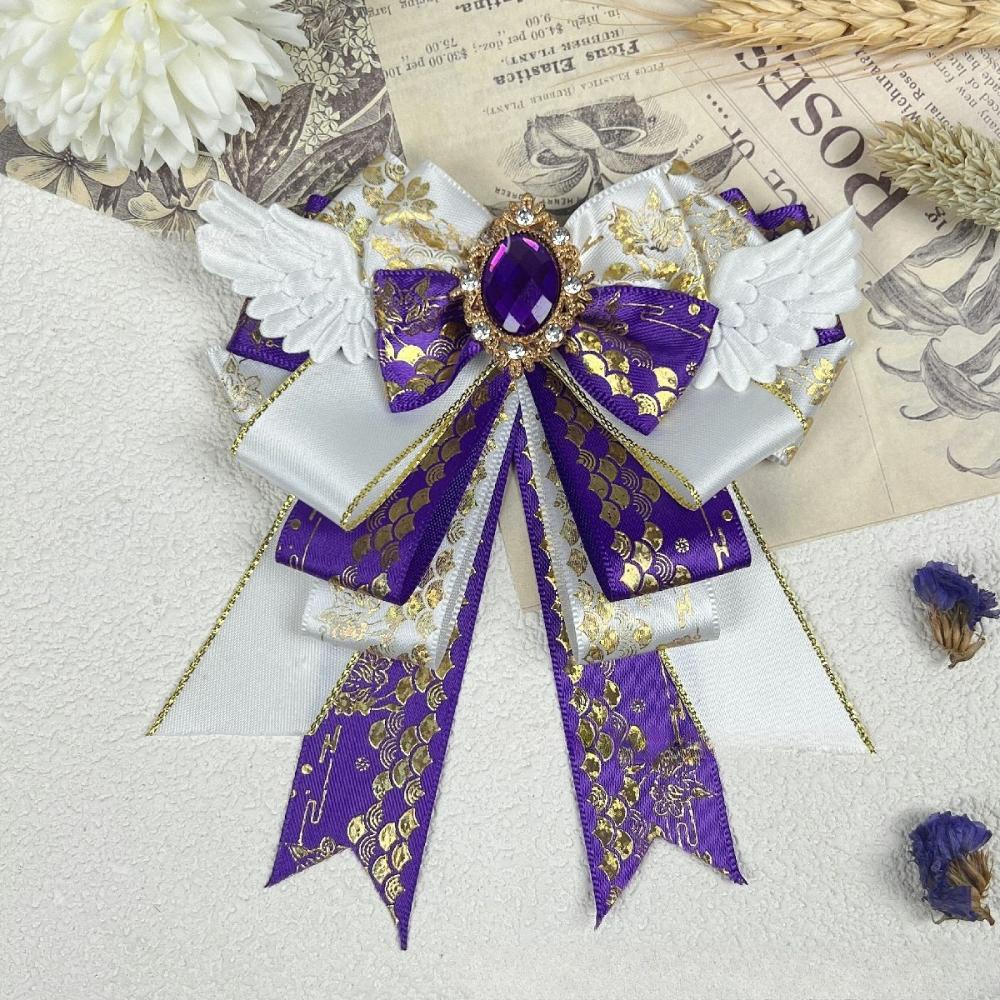 New Cosplay Lolita Fabric Bow Brooches for Women Handmade Jewelry Angel Wings Crystal Shirt Collar Pin Vintage Accessories