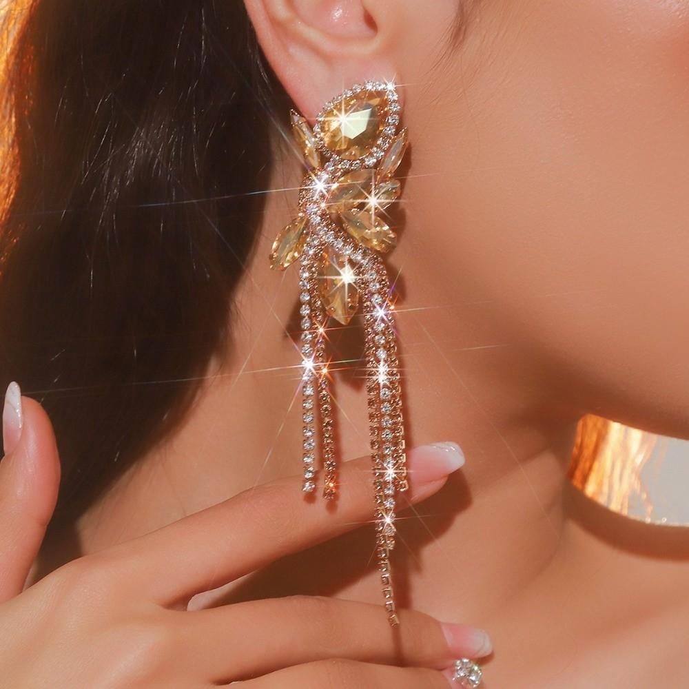 Rose Pink Crystal Earrings Black Water Drop Earrings Jewelry Long Tassel Earring  Weddings