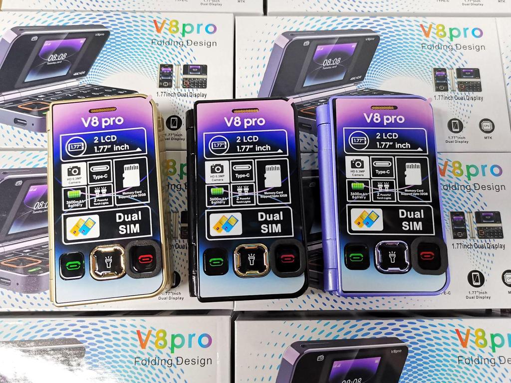 V8Pro Dual-Screen Flip Phone: Elderly-Friendly 2G Model with Large Buttons and Multi-Language Support