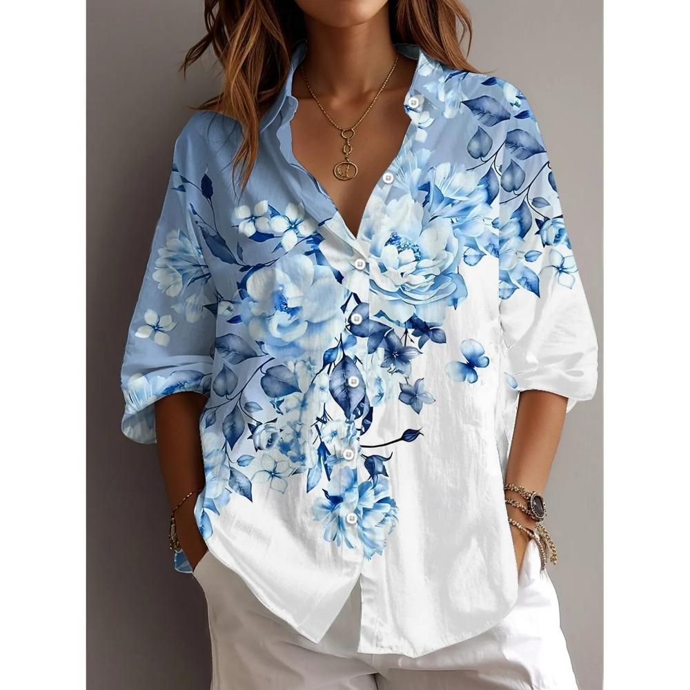 2025 Spring Autumn Women's Shirt Floral Graphics Blouse Lapel Neck Blouse Women Long Sleeve Shirts Womens Tops Female Clothing