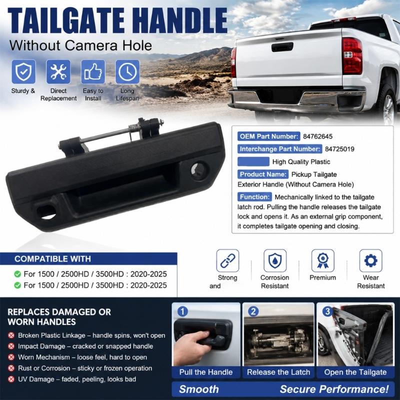 84725019 84762645 Pickup Rear Gate Handle for 2020-2025 1500, 2500HD, and 3500HD Trucks, Black Plastic Exterior Pull Assembly for Mechanical Operation
