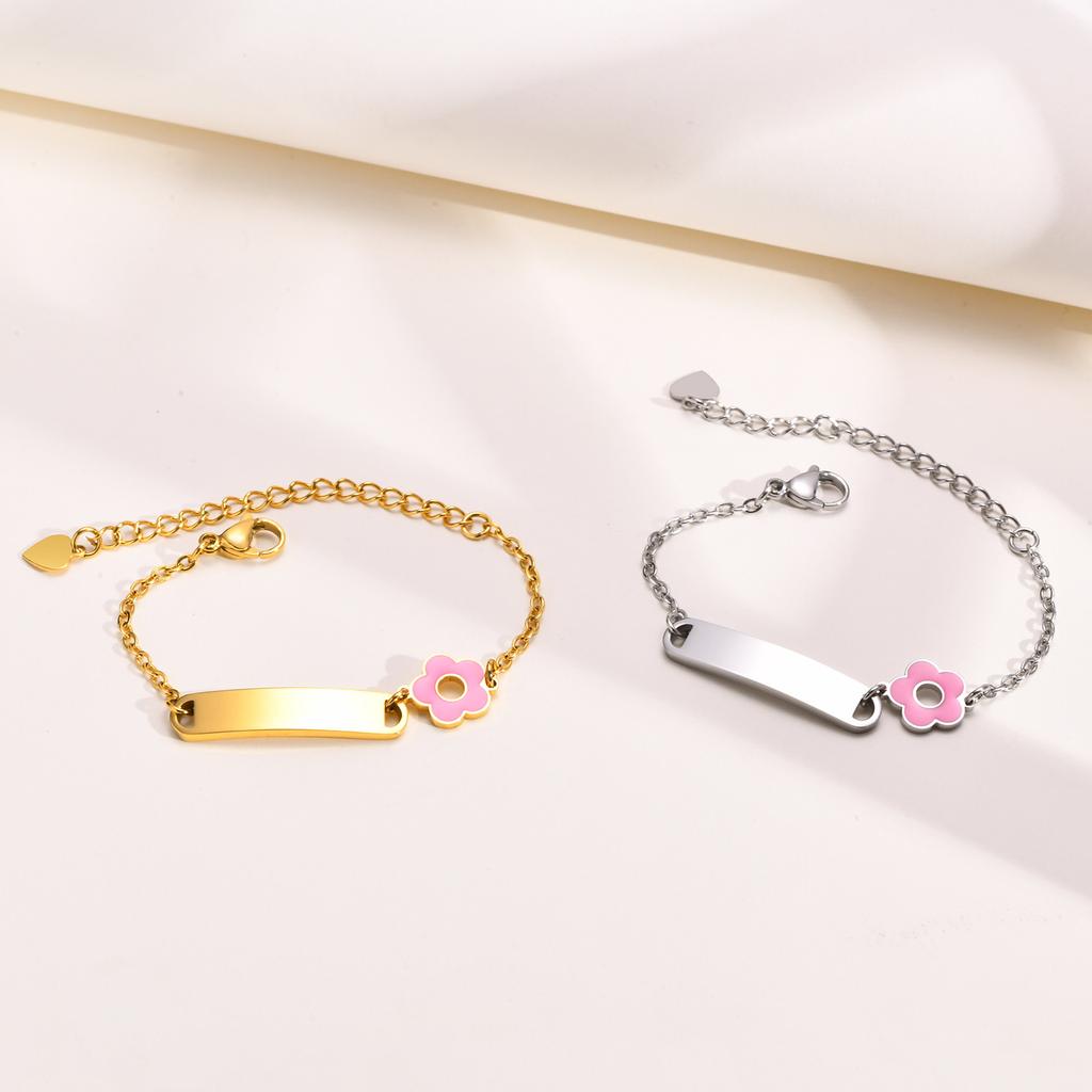 Free Engraving Name Bracelet for Little Girl Boy , Cute Flower Stainless Steel Chain Adjustble, Personalized Gift Birthday