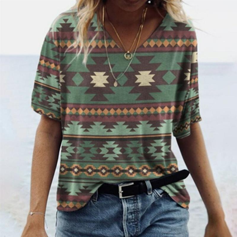 2025 Casual Sports Women's T-shirt Summer New Style Garden Collar Short Sleeve Ethnic Retro Loose Light Fabric Leisure