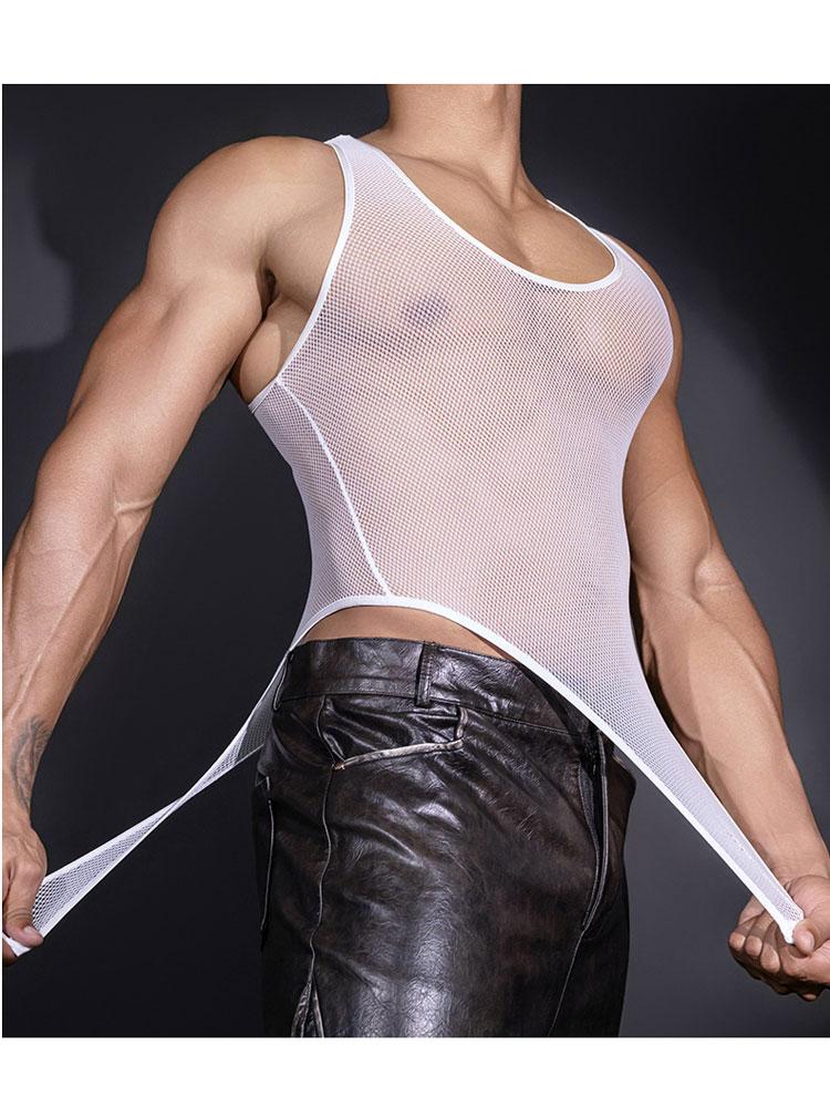 Men Mesh Bodysuit Tops Sheer Transparent Vest Buckle Open Crotch Sexy Sissy Sleeveless Tops Man Allure Tights Breathable Shaping