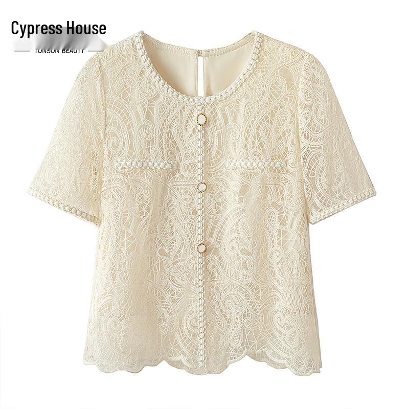 Women s Loose Fit Round Neck Lace Short Sleeve Blouse M