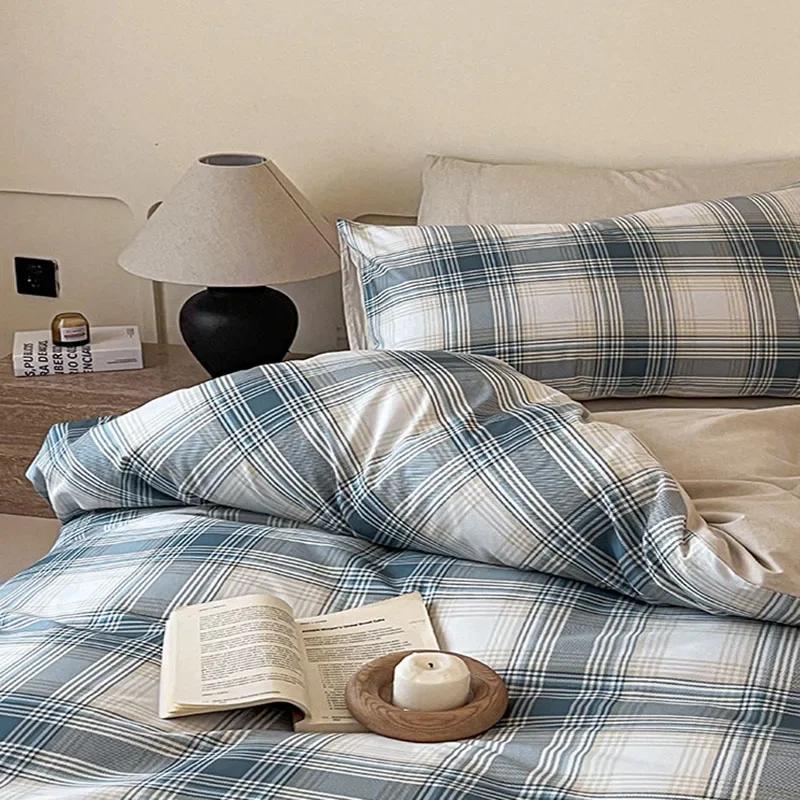 High Quality Grid Printed Flat Sheet Bedding Sets Light Luxury Cotton Soft Quilt Cover Single Double Bed Comfort Set for Adults
