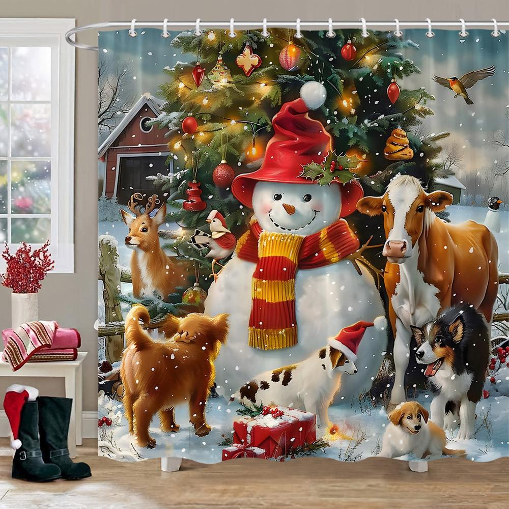 Christmas Printed Shower Curtain Cute Snowman Red Truck Christmas Tree Socks Gifts Winter Fabric Shower Curtains Bathroom Decor