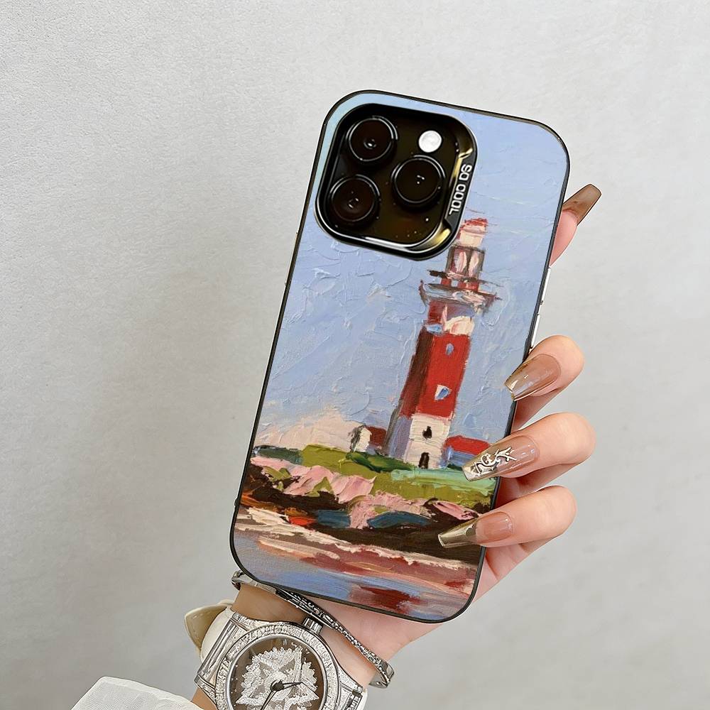 Ölmalerei Kunst Leuchtturm Handyhülle Für iPhone 17,16,15,14,13,12,11 Plus,Pro Max,XS,Bunte Silberne Handyhülle Funda Cover