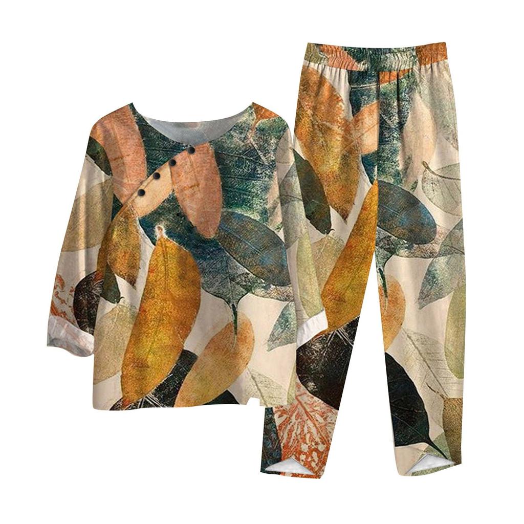 Dámské letní topy s polovičním rukávem s potiskem, elastický pas, devítidílné kalhoty, dvoudílná sada