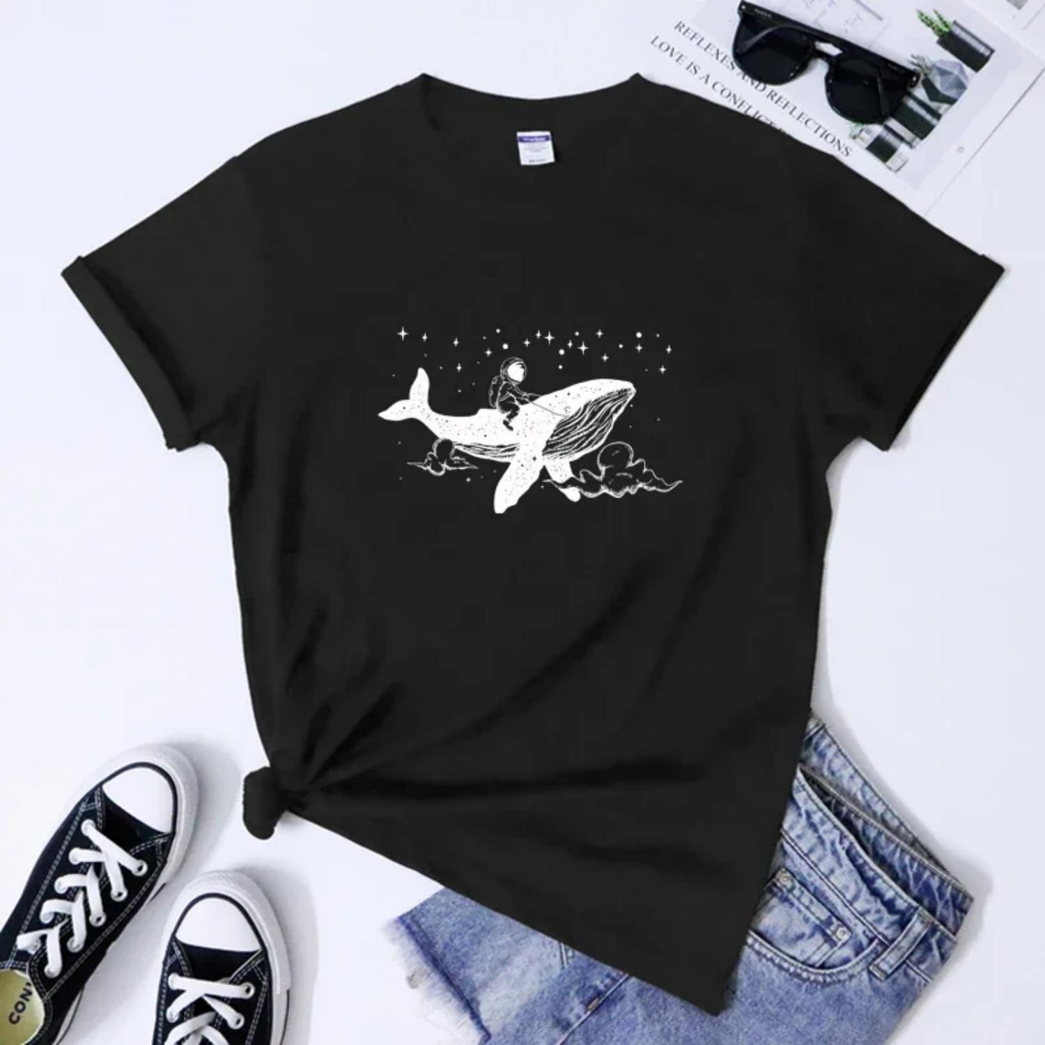 Aesthetic Astronaut In Whale T-shirt Funny Hipster Spaceman Tshirts Vintage Women Outer Space Astronomy Tee Shirt Top S