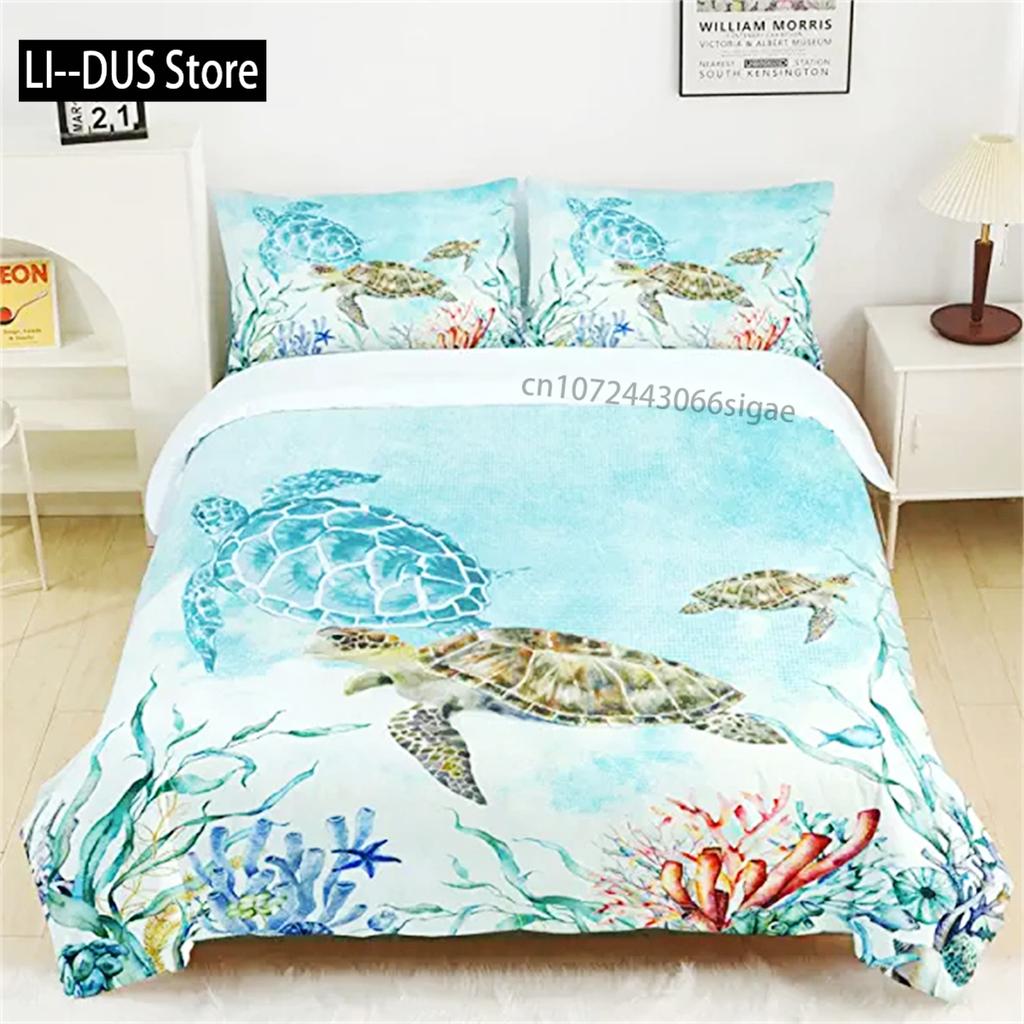 Sea Turtle Duvet Cover Green Blue Ocean Bedding Set Colorful Underwater World For Kids Child Women Nautical Sea Animal Reptile