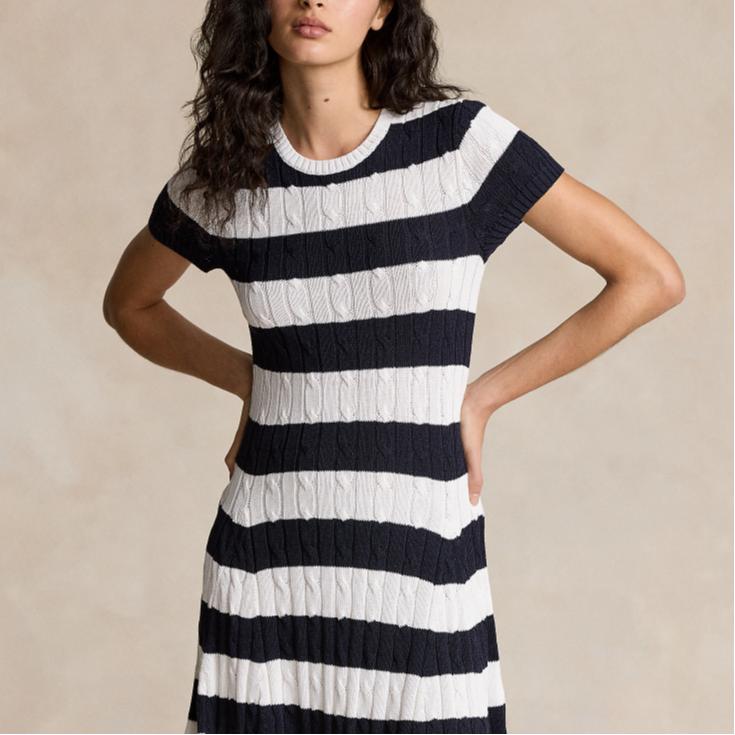 Polo Ralph Lauren SS24 Striped Round Neck Short Sleeve Dress Women Dresses Blue White WMPODRSNFA20686-410