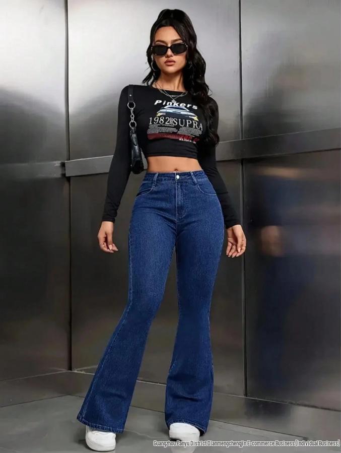 

Dark Blue Women s Micro-Flare High Waist Jeans - European & American Commuter Style, Slimming and Elastic. XL темно-синього кольору