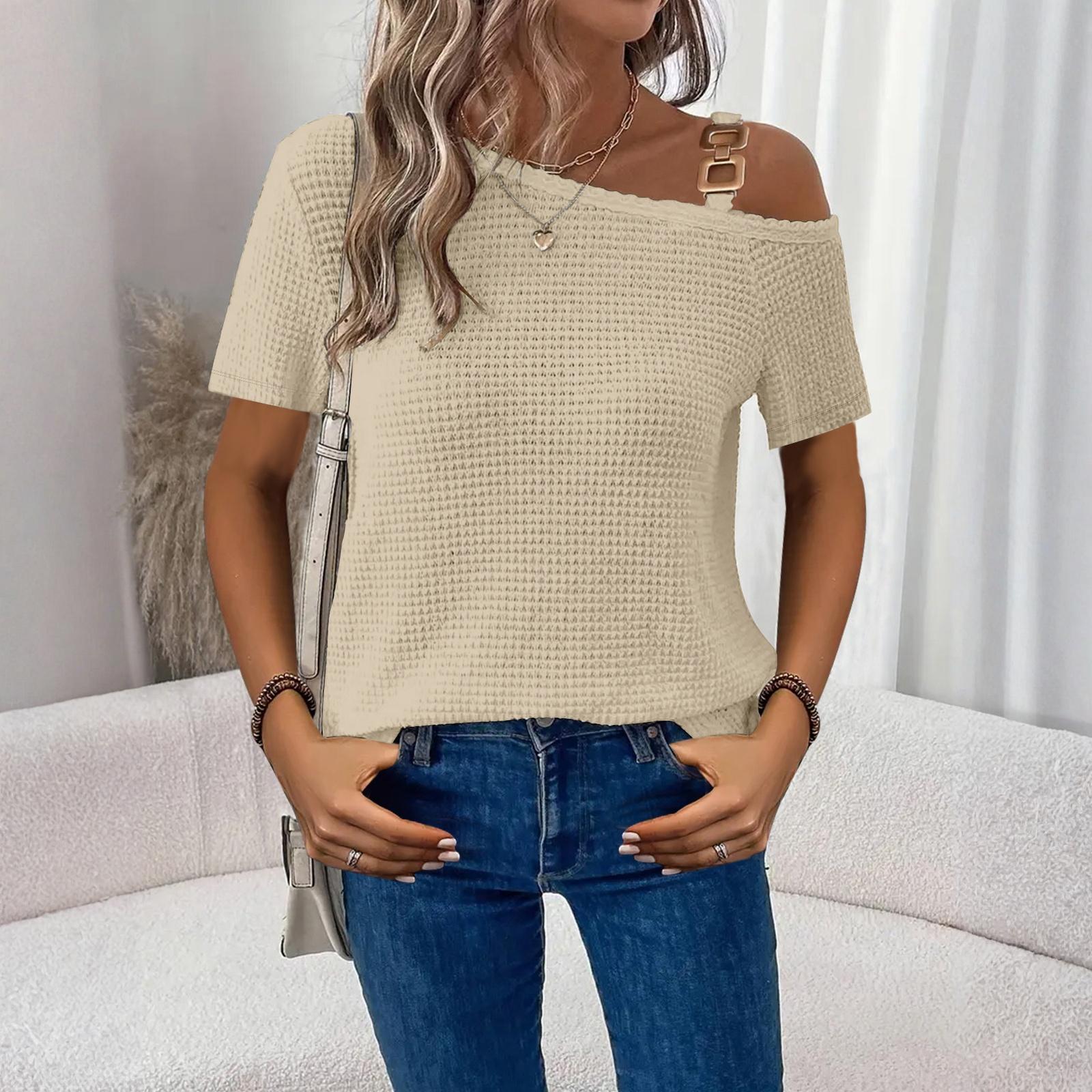 

Женские Топы с Коротким Рукавом Блузки с Круглым Вырезом Business Casual S бежевый