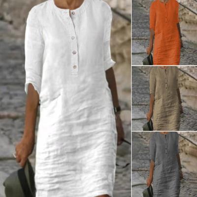 Γυναικείο καλοκαιρινό φόρεμα με στρογγυλή λαιμόκοψη με τρία τέταρτα μανίκια μέχρι το γόνατο μονόχρωμα κουμπιά Φαρδιά πουλόβερ Μαλακό casual αναπνεύσιμο γυναικείο φθινοπωρινό άνοιξη μίντι φόρεμα