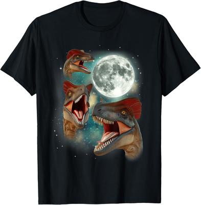 Dilophosaurus Moon Howling Three Dinosaurs Graphic T-Shirt Casual Cotton Short Sleeve Tee