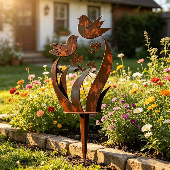 2 Stück Vogel und Wildblume Metall Gartenstecker Vintage Rost Außenpflanzenstecker Dekorative Hofkunst für Terrasse Rasen Veranda Dekoration