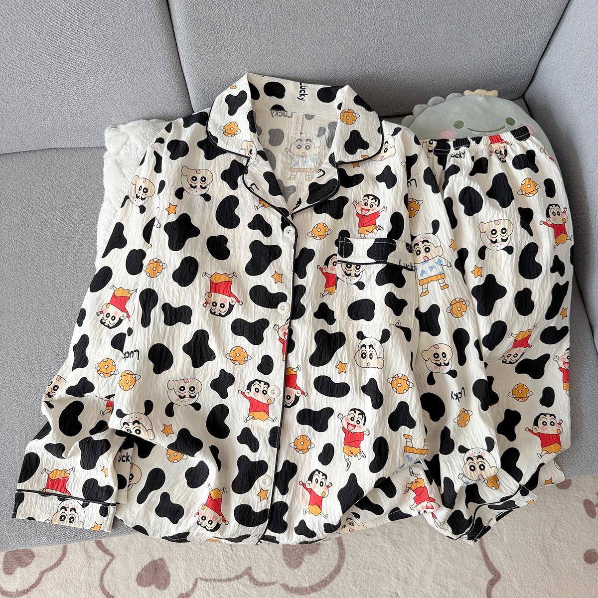 

Spring & Fall Couples Pajamas: Cloud Cotton Cardigan Set with Long Sleeves & Pants, Cartoon Print Women s M (80-100 lbs)